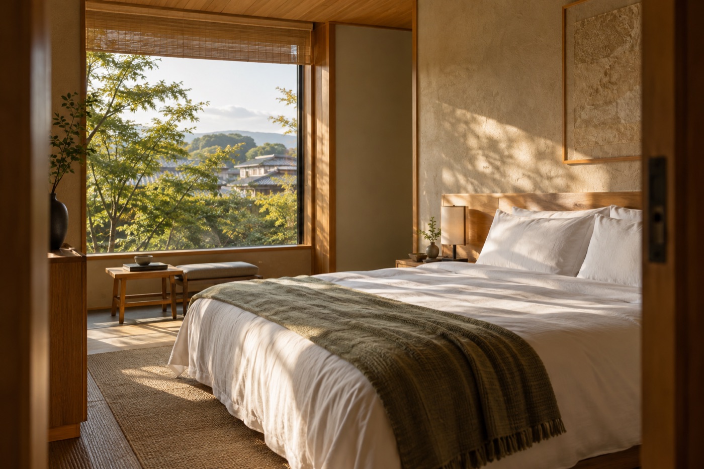 A sunlit hotel room with white linen, warm wood, and a leafy view
