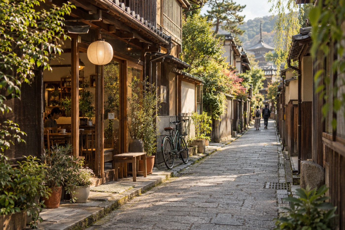 A leafy Kyoto side street with a small cafe and a bicycle outside