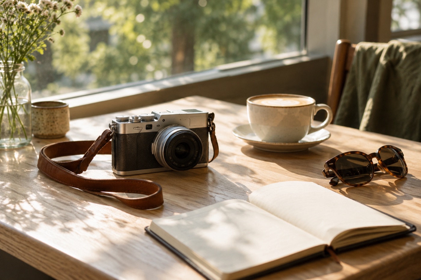 A compact camera, coffee, and a notebook on a warm sunlit cafe table